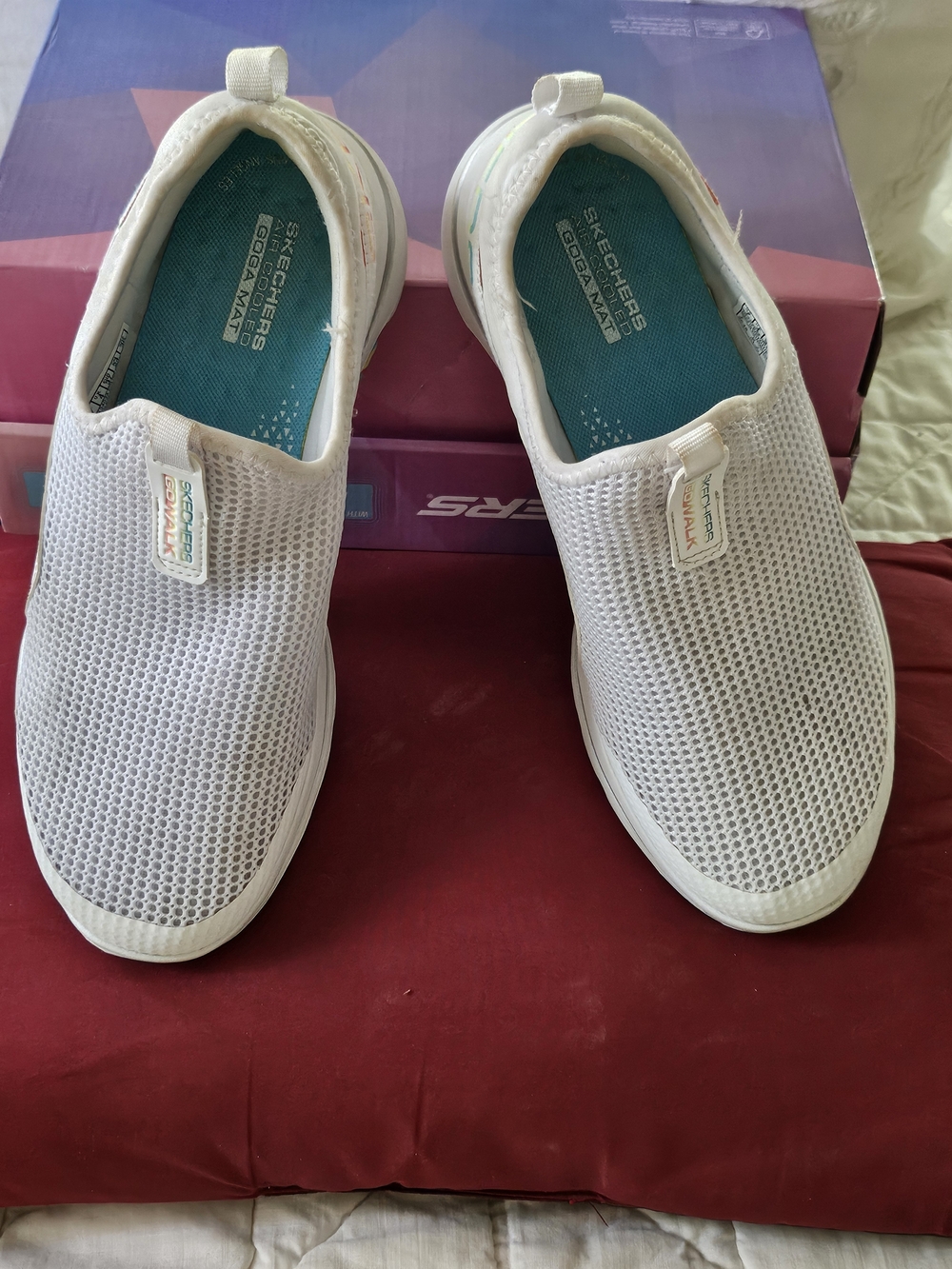 Skechers Go Walk Mesh Top Sneakers-  White w/ Neon Accents - Picture 2 of 6